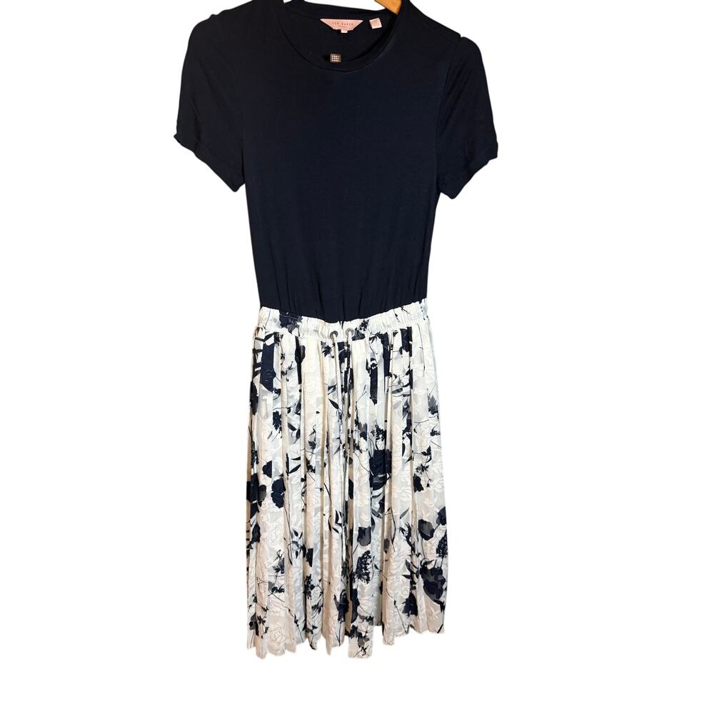 Ted Baker navy blue and white floral Bekzi popover midi dress.